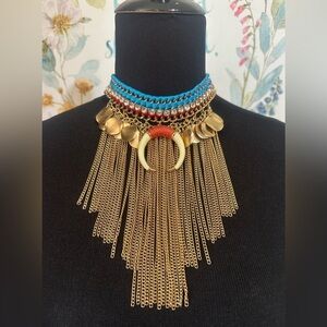 Ethnic Tribal Boho Bohemian Statement Necklace Gold Tone Faux Bone Centerpiece